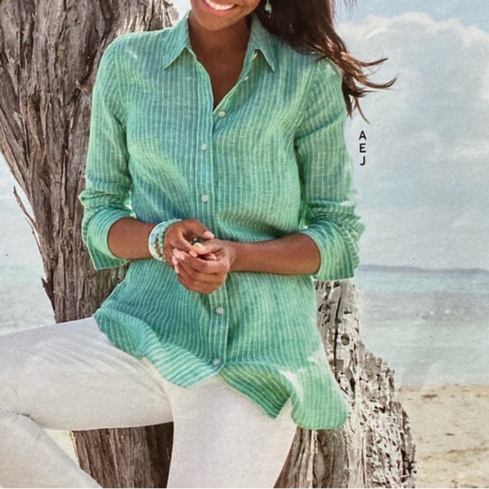 Talbots Green and White Striped Button Down Linen Blend Shirt NWT - Small
